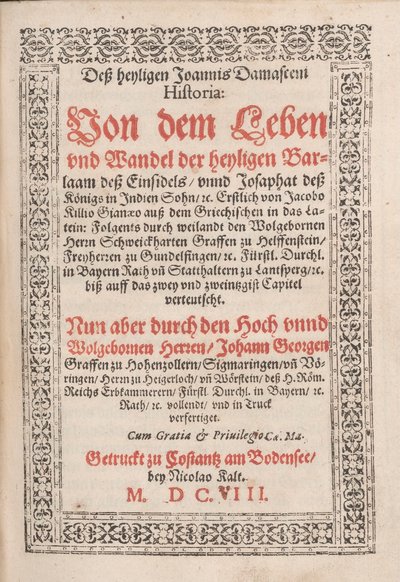 Cover of Historia: von dem Leben und Wandel der heyligen Barlaam dess Einsidels, unnd Josaphat dess König in Indien Sohn